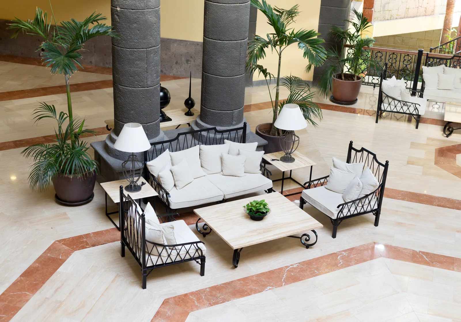 Representative hotel lounge with sofas